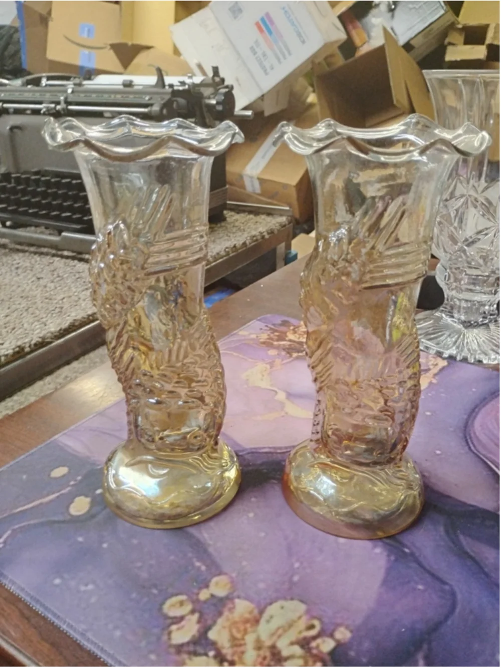 Vintage Flower Vase Pair Carnival Glass Marigold Koi Fish Design Decorative